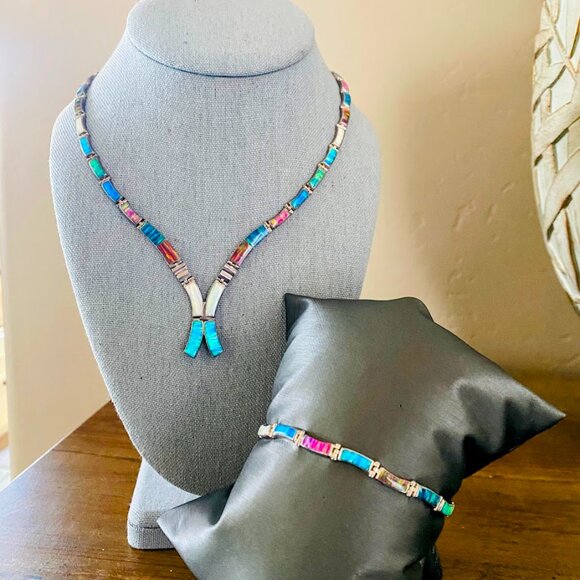 E. Luna Taxco Mexico .950 Silver Multicolor Lab Opal Inlay Necklace & Bracelet - Picture 8 of 8